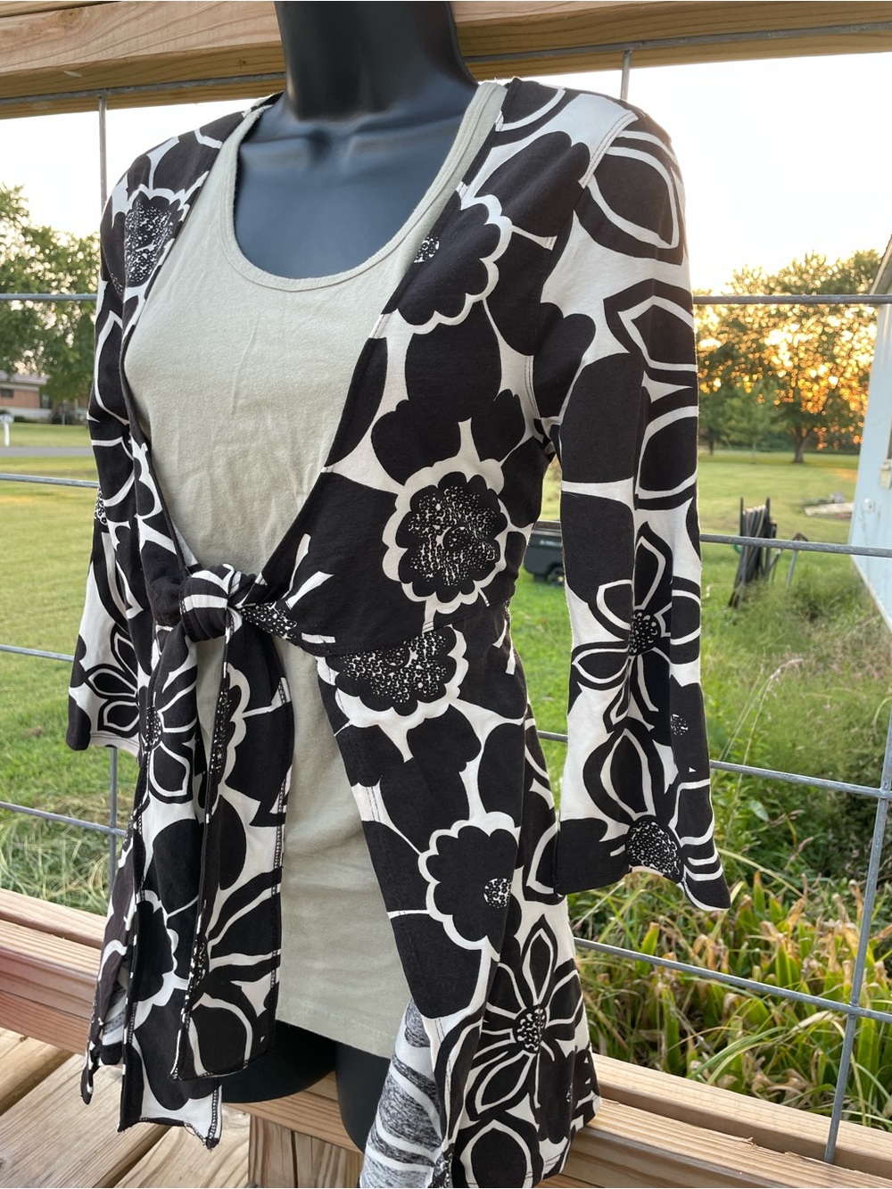 CAbi Black & White Floral Tie-Front Cardigan